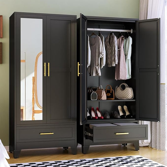 RIETERN Metal Armoire Wardrobe Closet, 71" Tall Bedroom Closet with Mirror, 1 Drawer, Adjustable Shelves, and Hanging Rod, Steel Clothes Closets and Storage, for Bedroom Black
