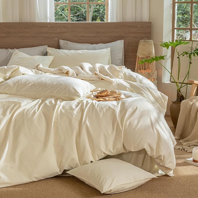 MooMee Wavy Striped Duvet Cover Set 100% Washed Cotton Linen Like Textured Breathable Durable Soft Comfy (Cream White, Super King 108"x98")