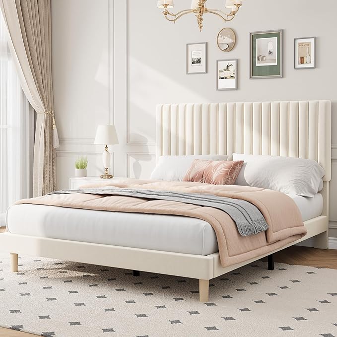 IDEALHOUSE Queen Bed Frame with Adjustable Headboard, Velvet Upholstered Platform Queen Size Bed Frame, Vertical Channel Tufted, Strong Wooden Slats, No Box Spring Needed, Easy Assembly, Beige