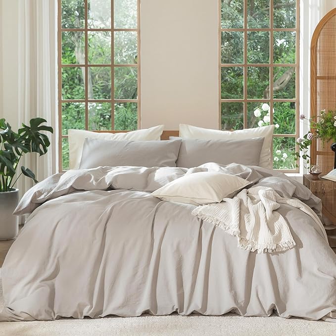 MooMee Bedding Duvet Cover Set 100% Washed Cotton Linen Like Textured Breathable Durable Soft Comfy (Heathered Cream Grey, Super Queen 90"x98")