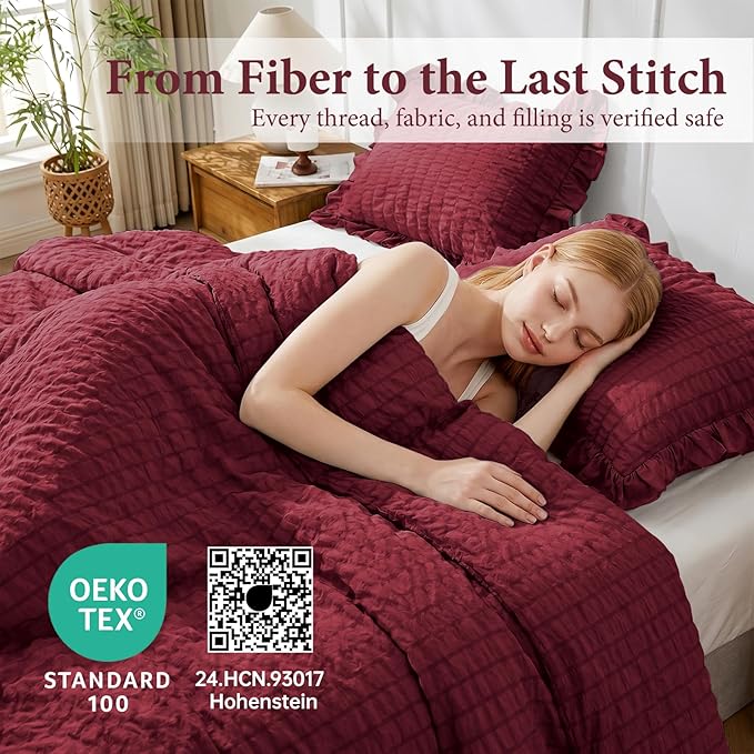 JOLLYVOGUE Full Size Comforter, 3 Pieces Burgundy Seersucker Lightweight Full Size Bedding, All Season Fluffy Microfiber Bedding Comforter Set with 1 Ruffle Comforter and 2 Ruffle Pillowshams