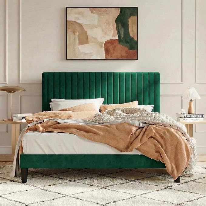 SHA CERLIN Full Upholstered Platform Bed Frame with Vertical Channel Tufted Velvet Fabric Adjustable Headboard, Wooden Slats Support, Mattress Foundation, Box Spring Optional, Green