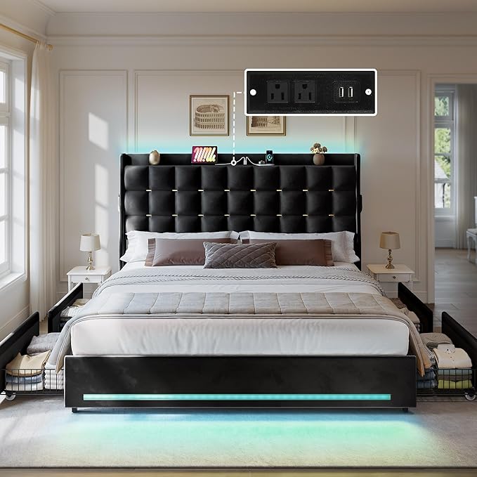 DWVO Queen Size Bed Frame with 4 Drawers and RGB LED Lights, Velvet Upholstered Platform Bed with Charging Station and Storage Headboard, No Box Spring Needed, Easy Assembly, Noise-Free, Black