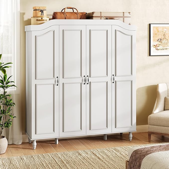 Arched Armoire Wardrobe Closet with 4 Doors, 71" H Wooden Large Capacity Wardrobe Cabinet with 2 Hanging Rods and 8 Shelves, Freestanding Armoire Storage Cabinet for Bedroom, Cloak Room, White
