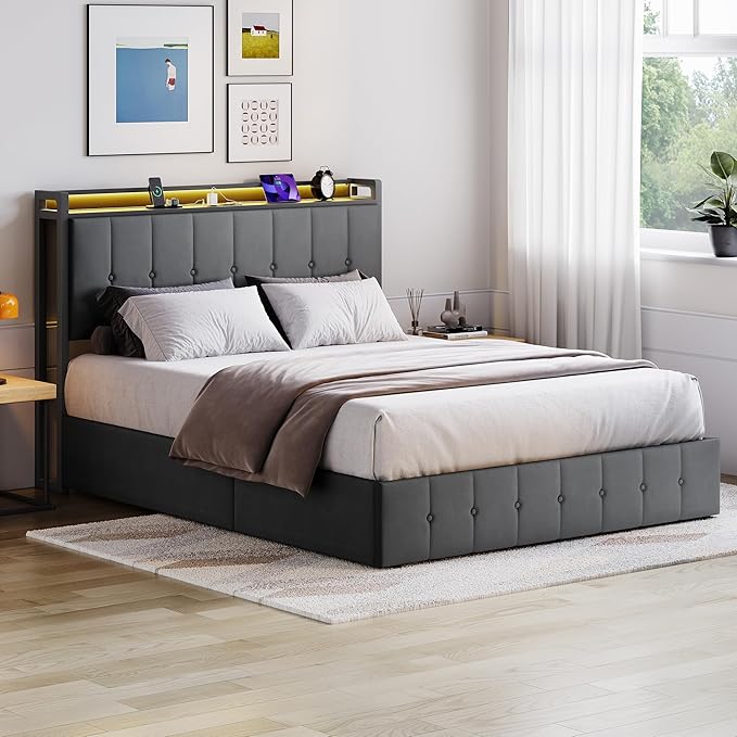 Garvee Queen Size Lift Up Storage Bed with LED Lights, Upholstered Velvet Bed Frame with Storage Headboard & Charging Station, Metal Platform Bed, No Box Spring Needed, Solid Wooden Slats, Grey