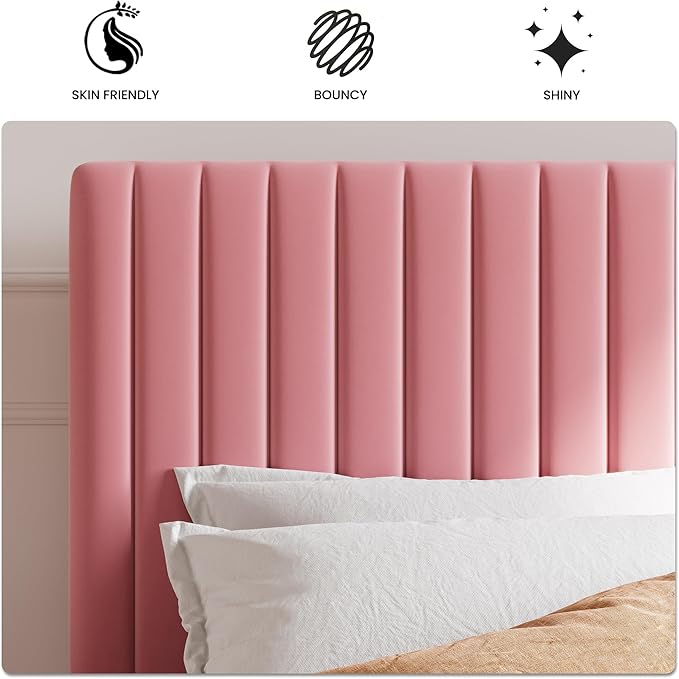 SHA CERLIN Queen Upholstered Platform Bed Frame with Adjustable Headboard/Vertical Channel Tufted Velvet Fabric/Wooden Slats Support/Mattress Foundation/Box Spring Optional/Pink