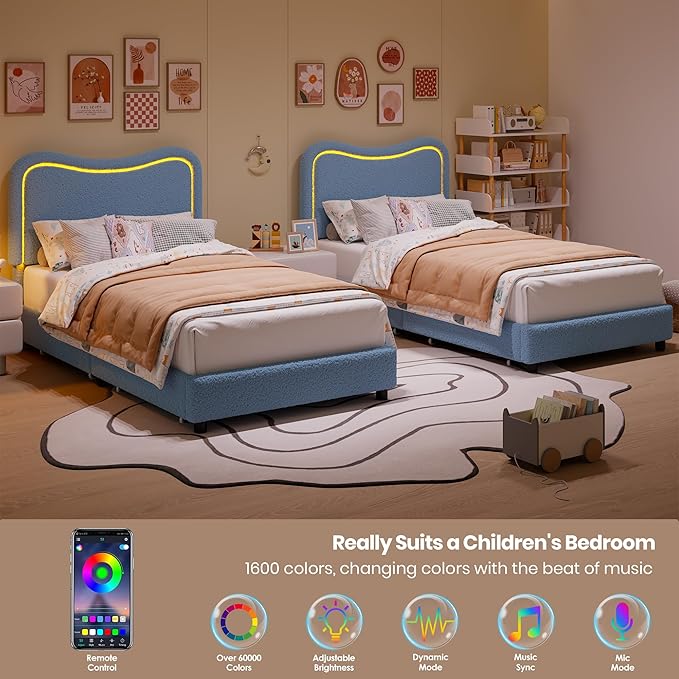 GarveeHome Upholstered LED Twin Bed Frames for Kids with 2 Drawers and Headboard, Cute Twin Bed with Storage for Girls, Boys, Sturdy Platform Bed, No Box Spring Needed, Wooden Slats, Noise Free, Blue