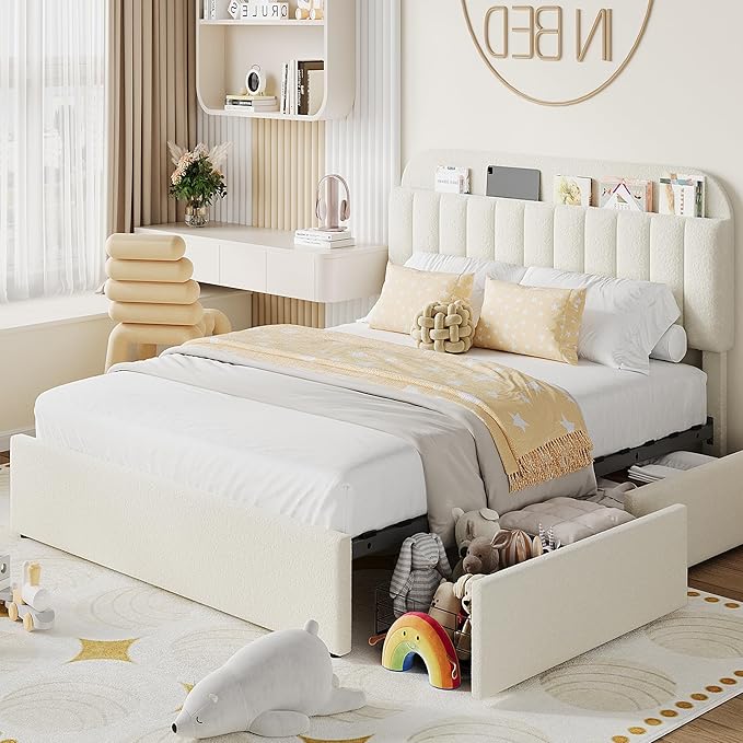 IDEALHOUSE Queen Bed Frame with 2 Flexible Drawers and Bookcase Headboard, Boucle Upholstered Platform Bed for Boys/Girls, Noise-Free, Easy Assembly, No Box Spring Needed, Beige