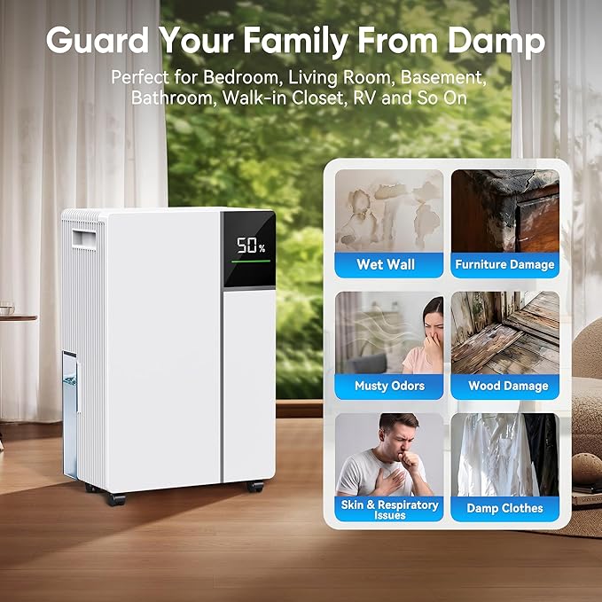 2500 Sq.Ft Dehumidifier for Basement with Drain Hose, Max 34 Pints Dehumidifiers for Home, Bedroom, Bathroom, Basement, Smart Humidity Presets, Three Modes, 24HR Timer, Quiet Operation