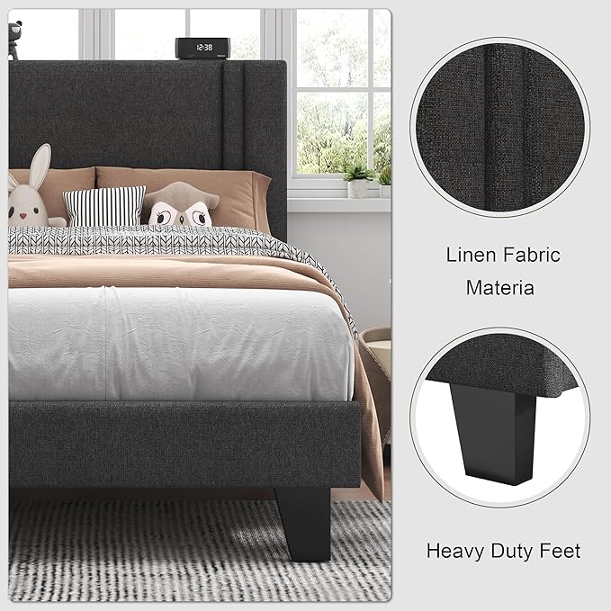 Feonase Twin Platform Bed Frame, Fabric Upholstered Twin Bed Frame, Solid Wood Slats & Heavy Duty Feet Support, No Box Spring Needed, Noise-Free, Easy Assembly, Dark Grey