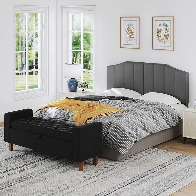 Furpopup Velvet Queen Size Headboard, Upholstered Headboard Queen/Full Size Wall Mount and Bed Frame Mount, Featuring High-Density Sponge Padding Luxury Texture Easy Assembly Comfort Style-Dark Gray