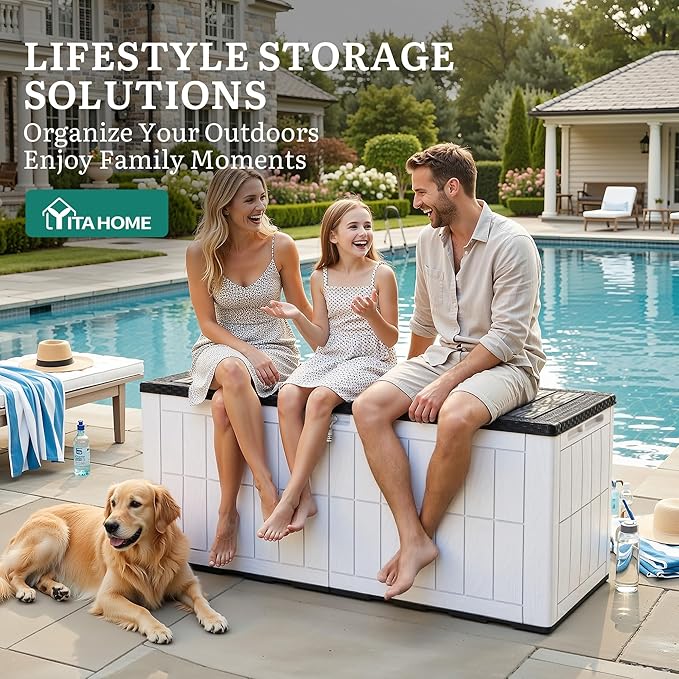 YITAHOME 134 Gallon Large Outdoor Storage Box with Lock, Waterproof Resin Deck Box w/Hydraulic Piston for Garden Tools, Pool Accessories & Cushions(Black & Grayish-White)
