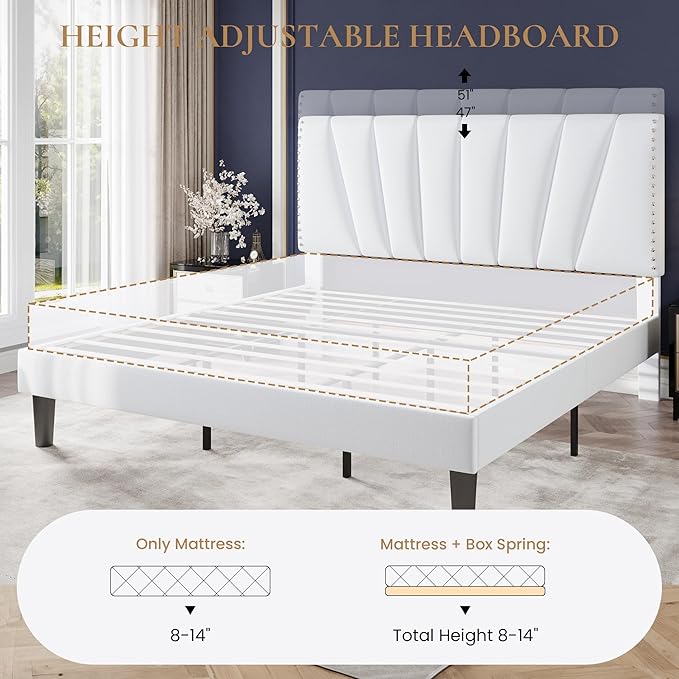 SHA CERLIN King Size Bed Frame with Adjustable Upholstered Velvet Rivets Headboard, Sturdy Wooden Slats, Strong Platform Support for Mattress, No Box Spring Needed, Easy Assembly, White