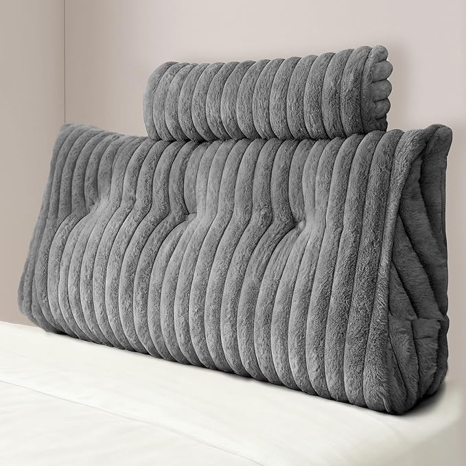 Headboard Pillow Twin, Faux Fur Wedge Pillow Headboard for Bed Sitting Up,Back Support Pillows for Reading, Working with 2 Pack Neck Bloster Pillows (Grey, Twin: 39x8x20 Inches)