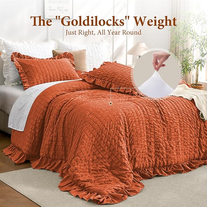 JOLLYVOGUE Burnt Orange Queen Comforter Set, 3 Pieces Seersucker Comforters Queen Size, Lightweight & Fluffy Bedding Sets Queen for All Season with 1 Ruffle Comforter and 2 Ruffle Pillowshams