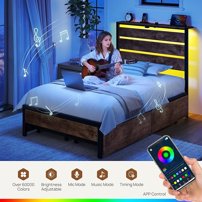 Rolanstar Twin Bed Frame with 4 Drawers, LED Lights and Charging Station, Metal Platform Bed with Storage Headboard, Noise Free, Easy Assembly, No Box Spring Needed, Rustic Brown