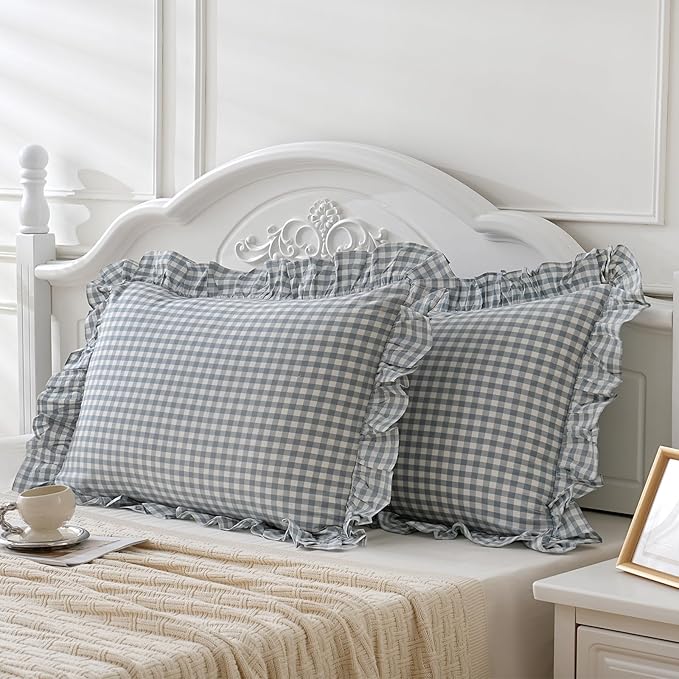 2 Pack Blue White Plaid Gingham Ruffle Pillow Shams Standard Size 20x26 inches, 100% Washed Cotton Checkered Farmhouse Pillow Covers for Bed/Sofa (26x20 inches,Blue/White Plaid)