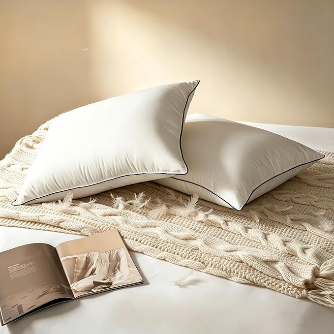 Bed Pillow, Luxury Hotel Feather and Down Pillow for Side and Back Sleepers with Premium Cotton Shell, Gusseted Pillows for Sleeping, Soft and Supportive, Downproof, Queen Size 2 Pack