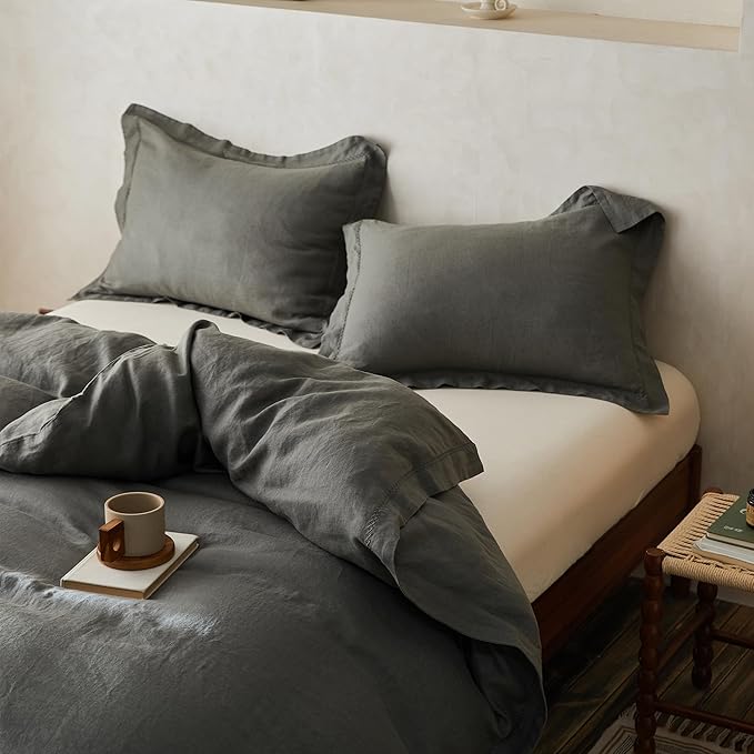 Simple&Opulence 100% Linen Duvet Cover Set with Crossed Embroidery Washed - 3 Pieces (1 Duvet Cover with 2 Pillow Shams) Soft Breathable Farmhouse -Cushing Green, King Size