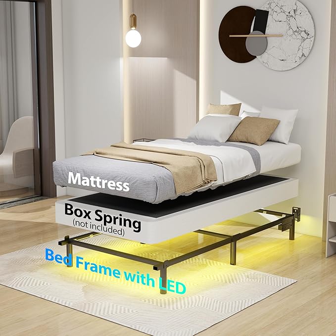 Adjustable Bed Frame with Smart LED Lights & Charging Station,Sturdy Metal Platform Bed Base for Box Spring & Mattress,Headboard Compatible,Length Extendable,Twin/Full/Queen/King Size (7 Inch, Twin)