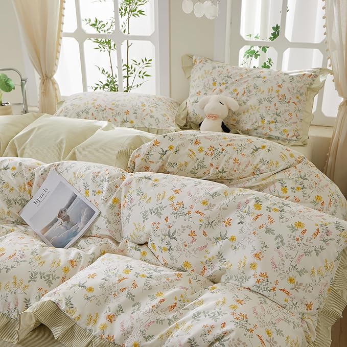 mixinni 100% Cotton Duvet Cover Set Queen, Reversible Spring Floral Ruffle Green Striped Bedding for Girls, French Country Cottagecore Aesthetic 3PC Duvet Cover with Zipper Closure & Pillowcases