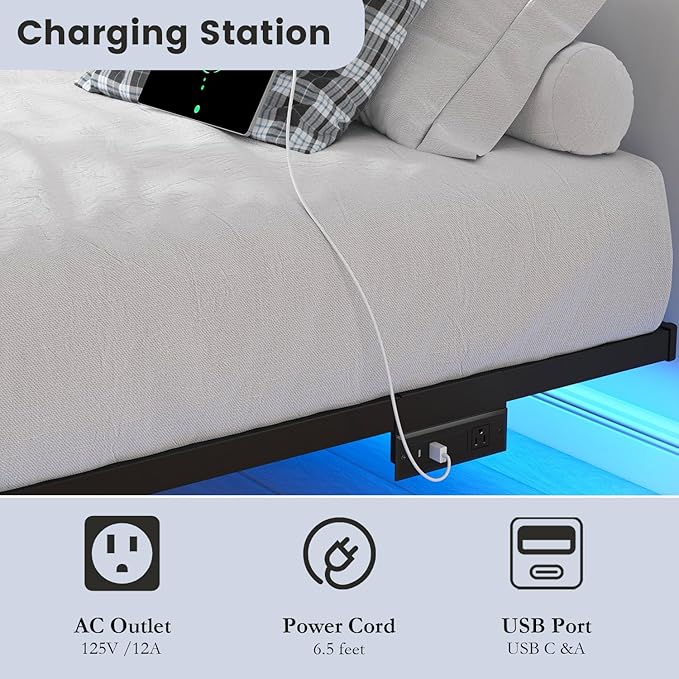 HAVONIZD Full Size Floating Bed Frame with LED Lights and Charging Station - 10 inch Platform Bed Frame No Box Spring Needed, Easy Assembly
