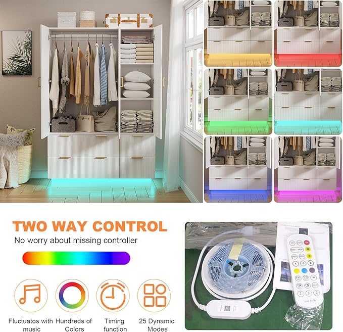 PAKASEPT Armoire Wardrobe Closet with 3 Door, Bedroom Armoires with Mirror and LED Lights, Hanging Rod, Drawers, Large Capacity Storage Wardrobe Armoire for Bedroom