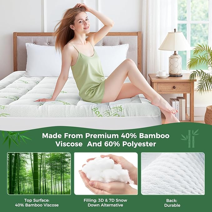 HYLEORY Mattress Topper - Thick Bamboo-Viscose Naturally Cooling Pillow Top Mattress Pad Breathable Fluffy Soft Mattress pad for Back Pain Relief, Full XL Size, Green