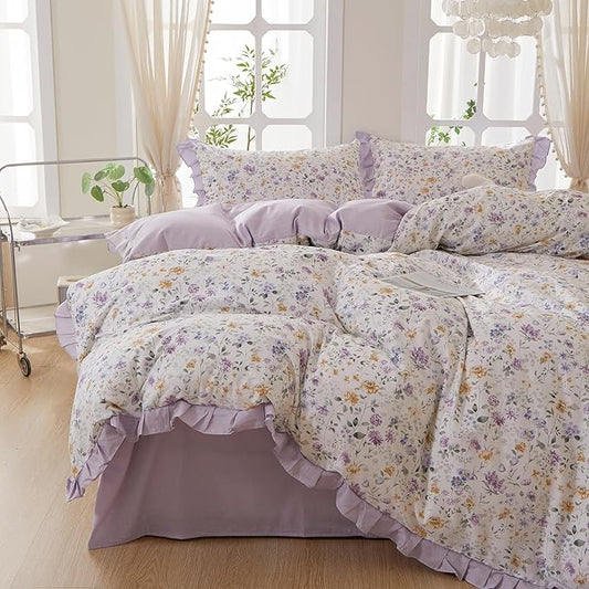 mixinni Floral Duvet Cover Set King Size, 100% Cotton 3-Piece Bedding Set with Ruffled Lace, Reversible Lavender Wildflower Ruffle Design, Soft Aesthetic Cottagecore Duvet Cover with Zipper Closure
