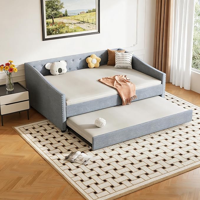 Upholstered Daybed with Trundle, Full Size Day Bed w/Button-Tufted Back and Piping on Waved-Shape Arms for Bedroom or Guest Room, No Box Spring Required, Light Gray
