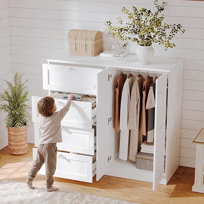 VOWNER Armoire Wardrobe Closet with 4 Drawers and 2 Doors, 43''H Clothing Storage Cabinet Dresser with Hanging Rod, Cothes Wardrobe for Bedroom, Baby Closet, White