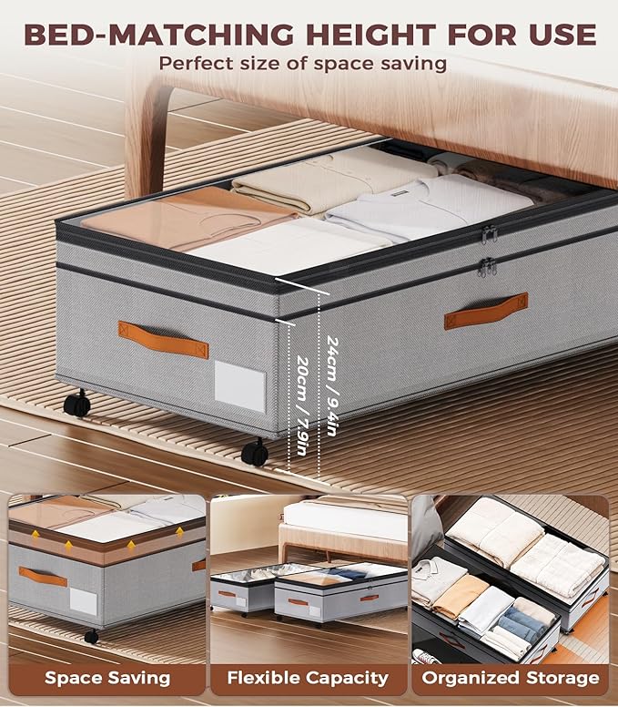 Under Bed Storage with Wheels, 35.5 inches Underbed Storage Large Capacity Under Bed Rolling Containers, 2 Pack Under the Bed Storage for Clothes, Shoes, Blankets (Deep Gray)