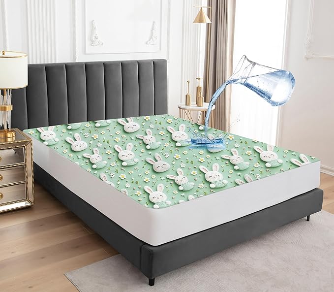 Sufdari King Mattress Protector,Waterproof Mattress Protector,Fitted Sheet Style Mattress Cover with 18" Deep Pocket,Washable and Comfortable-Rabbit,King