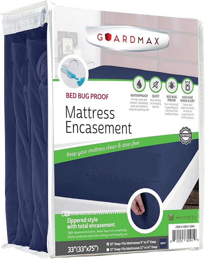 Guardmax Cot Mattress Encasement with Zipper, Waterproof, Bed Bug Proof, and Dust Mite Proof Mattress Protector for Cot Size Bed up to 10" Deep, Zippered All Around Jersey Knitted Mattress Cover