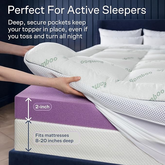 Dual-Layer 4 Inch King Size Mattress Topper - 2” Memory Foam + 2” Viscose Made from Bamboo Mattress Pad - Double the Comfort & Back Support - Removable & Machine-Washable Cover, Green