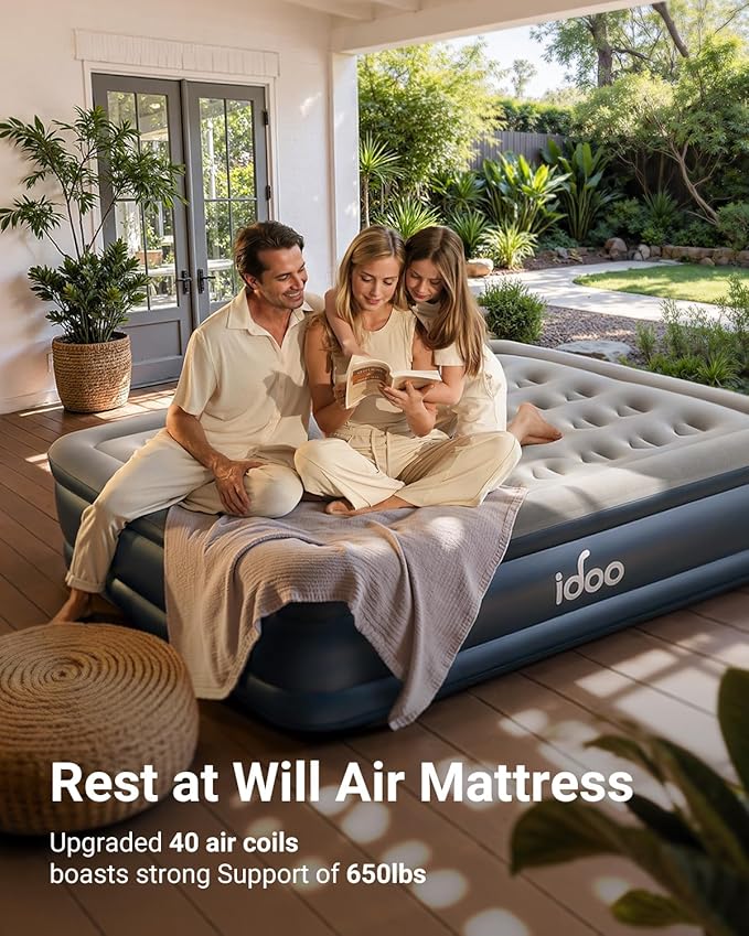iDOO Queen Air Mattress with Built in Pump, 18 Raised Comfort Inflatable Blow up Mattress, Upgraded Support Structure Portable Air Bed for Camping, Guests and Home, Colchon Inflable, 650lbs Max