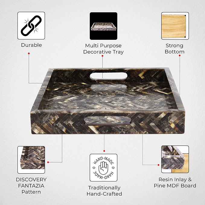 Handicrafts Home 12"x12" Decorative Tray, Resin Inlay Ottoman Coffee Table Tray with Handles, Square Serving Tray for Breakfast, Vanity, Centerpiece Decor for Living Room Dining
