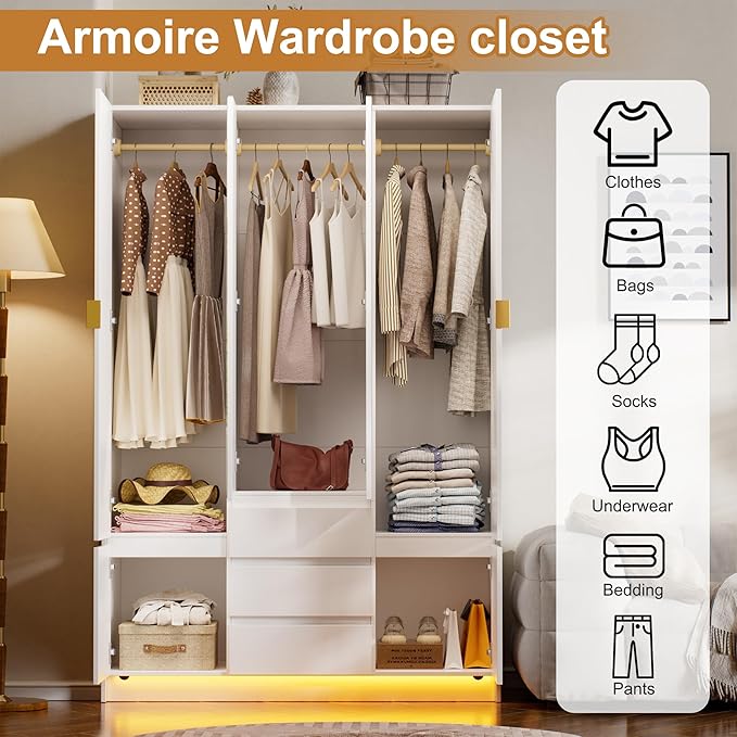 PAKASEPT 4 Doors Armoire Wardrobe Closet with Led Light & Mirror, Bedroom Large Capacity Freestanding Armoire Wardrobe with Drawers, Storage Cabinet with Hanging Rod Storage Closet for Bedroom