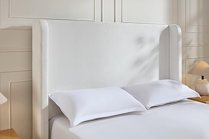 GDFStudio Tall Headboard Upholstered Bed,King Size Platform Bed Frame with Headboard Wingback,54" High No Box Spring Needed Easy Assembly Elegant Simplicity Cream White Chenille