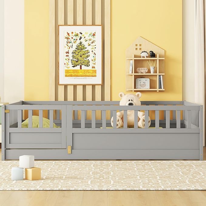 Bellemave Full Size Floor Bed with Slats and Door, Full Size Montessori Floor Bed with Rails, Easy Assemble Montessori Beds Frame for Bedroom, Gray