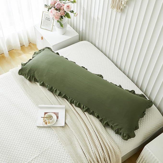 Shabby Chic Olive Green Body Pillow Cover - 20x54in Long Pillowcase with Ruffled Fringe Decor