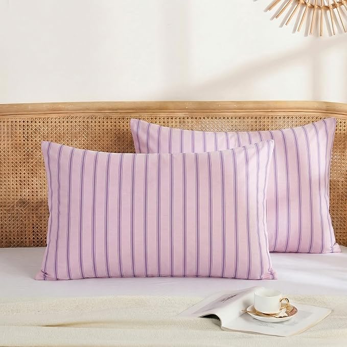 Merryword 100% Cotton Pillow Cases, Queen Size Pillowcases, Pink & Purple Striped Pillowcases, Luxury Linen Like Pillowcase, Soft Breathable Engineered Stripes Pillow Covers, Set of 2