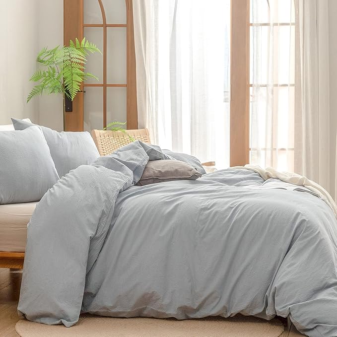 BESTOUCH Duvet Cover Set 100% Washed Cotton Linen Feel Super Soft Comfortable Chic Lightweight 2 PCs Home Bedding Set Solid Cornflower Blue Twin/Twin XL