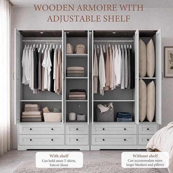 Yechen 71" Wooden Armoire Wardrobe Closet with Mirror and 4 Drawers, 3-Door Modern Functional Clothes Tall Storage Cabinet with 4 Adjustable Shelves and Hanging Rod, Freestanding Wardrobes for Bedroom