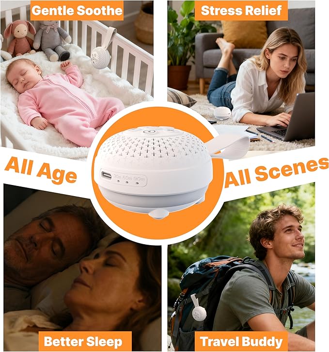 White Noise Machine with 16 Soothing Sounds and Voice Recording， Portable Sleep Sound Therapy with 3 Night Lights， Rechargeable Timer for Baby Adults Travel