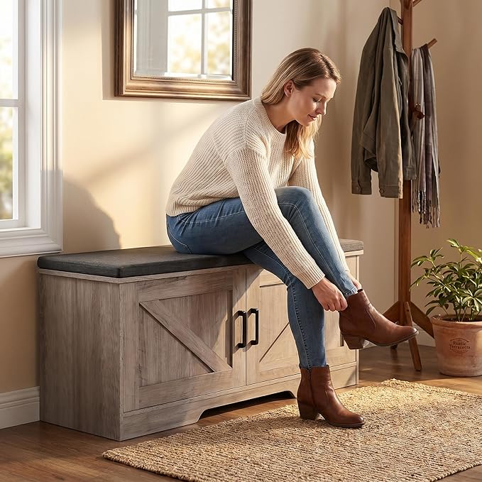 HOMSHO 2-Tier Storage Bench, 39.4" Wide Shoe Bench with Padded Seat Cushion, Entryway Bench with 2 Barn Doors and Adjustable Shelf, Greige