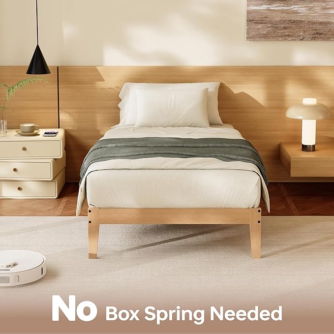Tyndall Twin Size Bed Frame, 12 Inch Natural Solid Wood Platform Bed with Wooden Slats Support, Underbed Storage Space, No Box Spring Needed, Noise Free, Easy Assembly