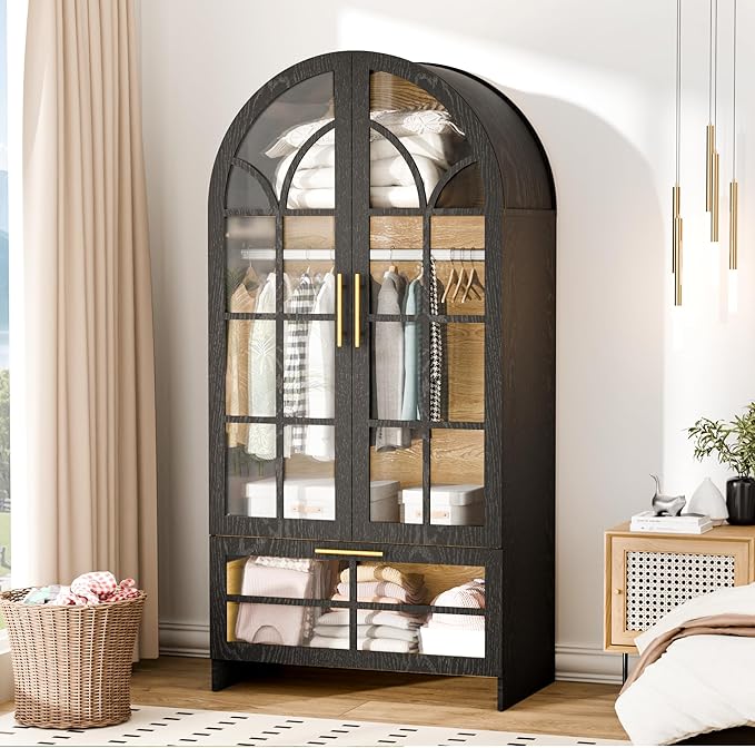 Armoire Wardrobe Closet with Drawer, 71”Tall Arched Wardrobe Cabinet with Hanging Rod&Glass Door – Wooden Freestanding Clothing Storage Cabinet Closet Organizer for Bedroom, Entryway or Dorm