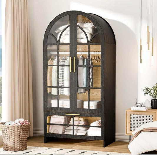 Armoire Wardrobe Closet with Drawer, 71”Tall Arched Wardrobe Cabinet with Hanging Rod&Glass Door – Wooden Freestanding Clothing Storage Cabinet Closet Organizer for Bedroom, Entryway or Dorm