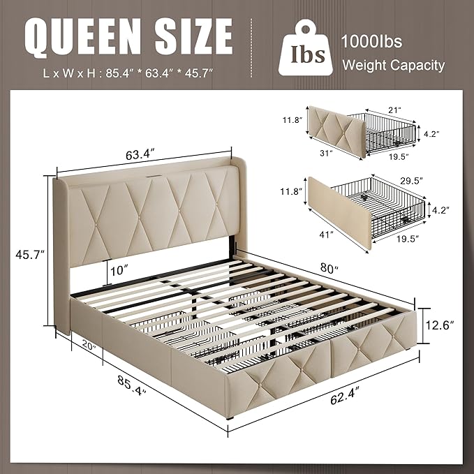 Einhomn Queen Bed Frame with 4 Storage Drawers and Charging Station, Upholstered Platform Bed Frame with Storage Headboard, No Box Spring Needed, Easy Assembly, Beige
